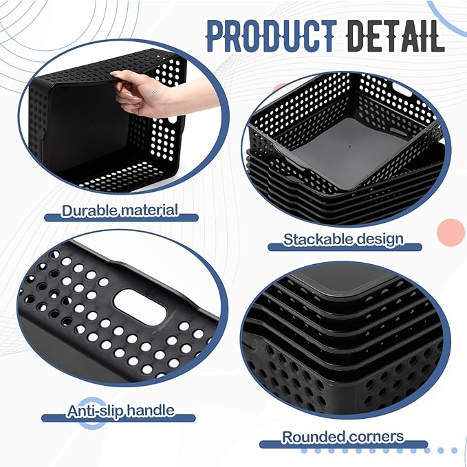 Geetery 6 Pack Classroom Storage Baskets with Handle,Black | 14''x10'' Paper Tray Holds A4 Turn in Trays Plastic Paper Baskets Desk Organizer Bin for Classroom, Library, Office, Home