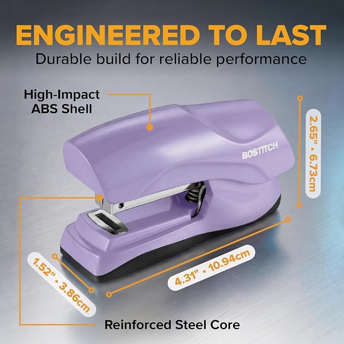 Bostitch Heavy Duty Compact Stapler, 40-Sheet Capacity, No-Jam Technology, Flat Clinch Design, Half-Strip Desktop Stapler, Purple