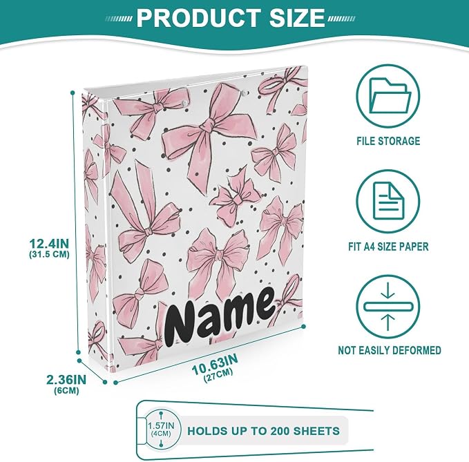 Custom 3 Ring Binder Pink Bows Dots 1.5" Round Ring Binders Personalized Name View Binder with 200 Sheet for Kids School Supplies Women Men Office, 1 Pack