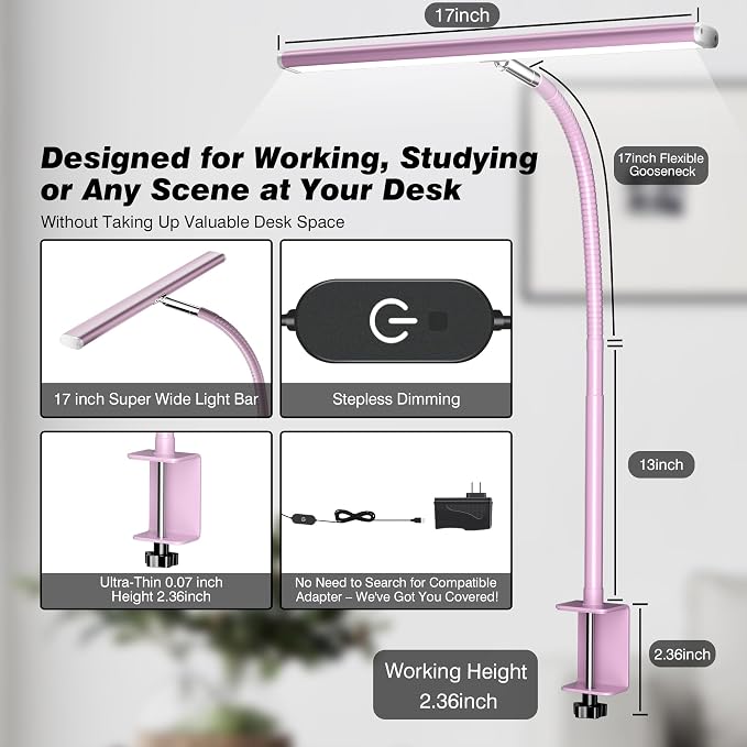Airlonv LED Desk Lamp with Clamp, 17" Stepless Dimming Light (Pink) | 2700K-6500K, 100 LEDs, 360° Gooseneck, Fits Up to 30" Monitors, Flicker-Free Lighting for Home Office, Study& Workbench