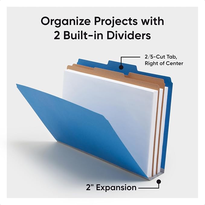 Smead Pressboard Legal Size File Folders with SafeSHIELD Fasteners, 2 Dividers, 2" Expansion, Office Folders, Paper Holder, Dark Blue, 10 per Box (19035)