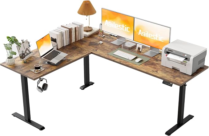 Agilestic 75 x 61 Inch L Shaped Electric Standing Desk, Rustic Brown | Corner Desk, Ample Workspace, Memory Presets, Hooks, Stable Steel Frame,176 lbs Capacity, Easy Assembly, Splice Board
