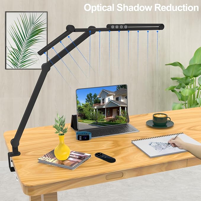 Desk Lamp with Clamp, Architect Led Desk Lamp for Home Office with Remote Control, 24W Ultra Bright Auto Dimming Computer Light Adjustable Table Light for Working Workbench (Remote)