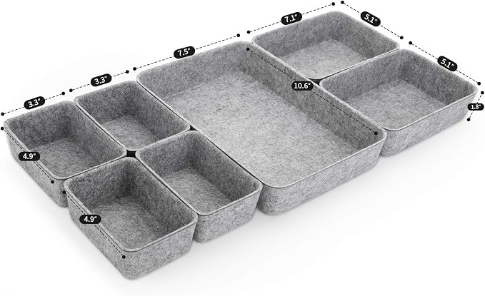 7pc Felt Desk Drawer Organizers Trays Gray Office Home Storage Bins