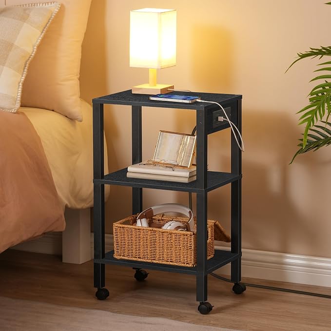 HOOBRO 3-Tier Printer Stand with Charging Station, Under Desk Printer Table, Printer Cart with Storage Shelves, Shelf for Small Spaces, for Home Office, Black BK63UPS01