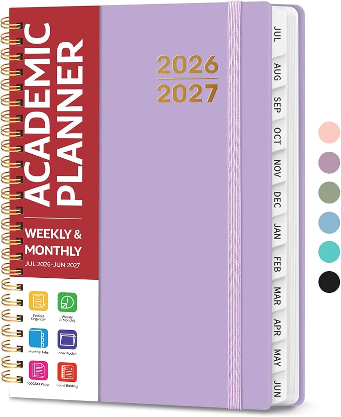 Taja Planner 2026-2027, Jul 2026-Jun 2027 Monthly & Weekly Calendar Book | 6.3" x 8.5", Hardcover Academic Calendar with Tabs, Teacher Student Agenda Book for School Office Supplies - Lilac Purple