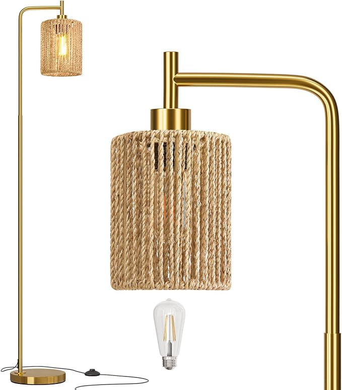 66" Gold Floor Lamp for Living Room, Boho Floor Lamp with LED Bulb, Foot Switch, Rattan Shade, Industrial Tall Farmhouse Standing Lamp for Bedroom, Dining Room, Study Room, Office