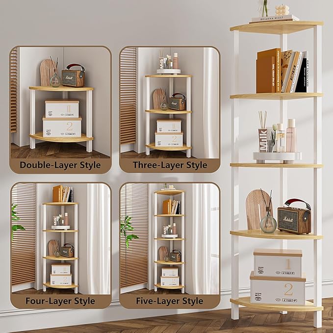 VIMBER Corner Shelf, 5-Tier Corner Bookshelf, Industrial Corner Ladder Shelf, Rustic Display Shelf for Living Room, Bedroom, Kitchen, Home Office, White and Nature Wood Color UJSJ001Q