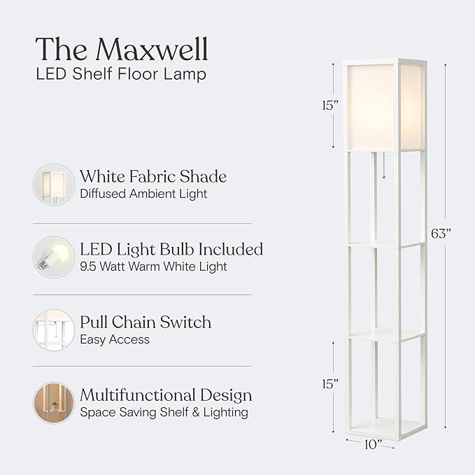 Brightech Maxwell - Modern Shelf Floor Lamp with Lamp Shade & Warm White LED Bulb, Corner Display Floor Lamp with Shelves for Living Room, Bedroom, Nightstand Office, Home Decor Storage - White