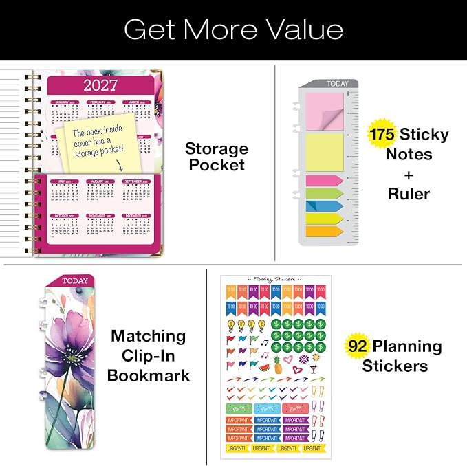 HARDCOVER Academic Year 2026-2027 Planner: 14 Months (May 2026 Through June 2027) 5.5"x 8" Daily Weekly Monthly Planner Yearly Agenda. Bookmark, Pocket Folder and Sticky Note Set (Rainbow Floral)