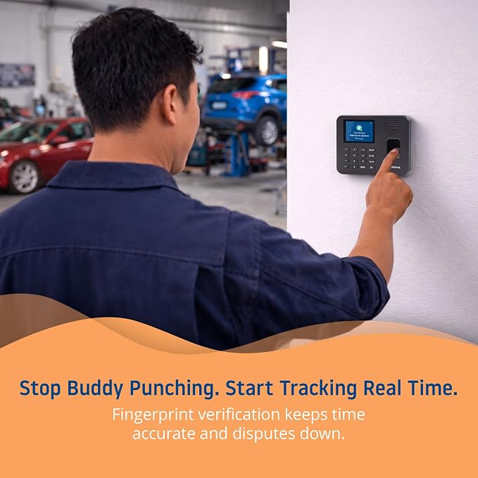 uAttend RE2000 Biometric Time Clock for Employees – Fingerprint + PIN Punching, Wi‑Fi Cloud Time & Attendance System with Offline Storage, Payroll-Ready – Small Business Time Tracking