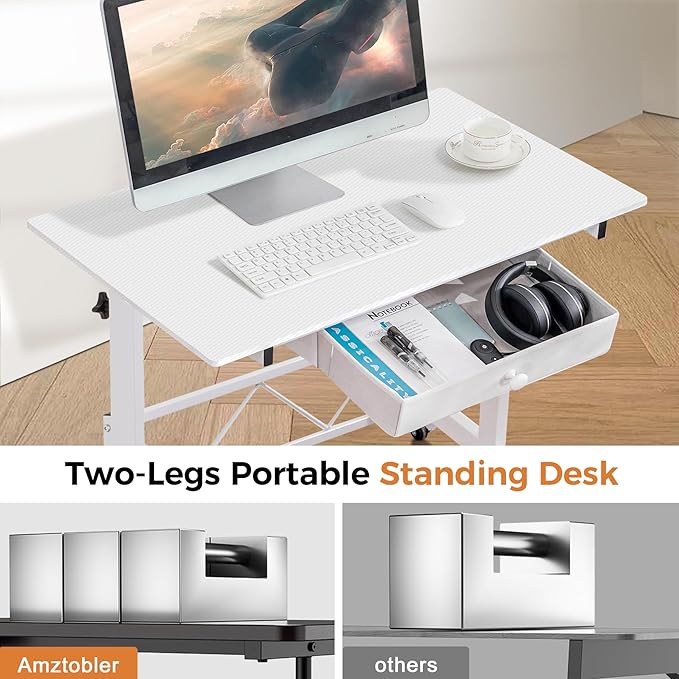 COMHOMA Standing Desk Adjustable Height & Tiltable Tabletop, Portable Stand Up Desk for Laptop, Mobile Folding Desk for Home Office Work and Walking Pad Treadmill, Height 30.7"-46.4", White
