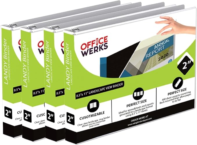 4 Pack of 8.5" X 11" Landscape View 3-Ring Binder 2 Inch Capacity Round Ring, White Horizontal Formatted with Clear Cover Pockets for Documents, Spreadsheets, Projects and More