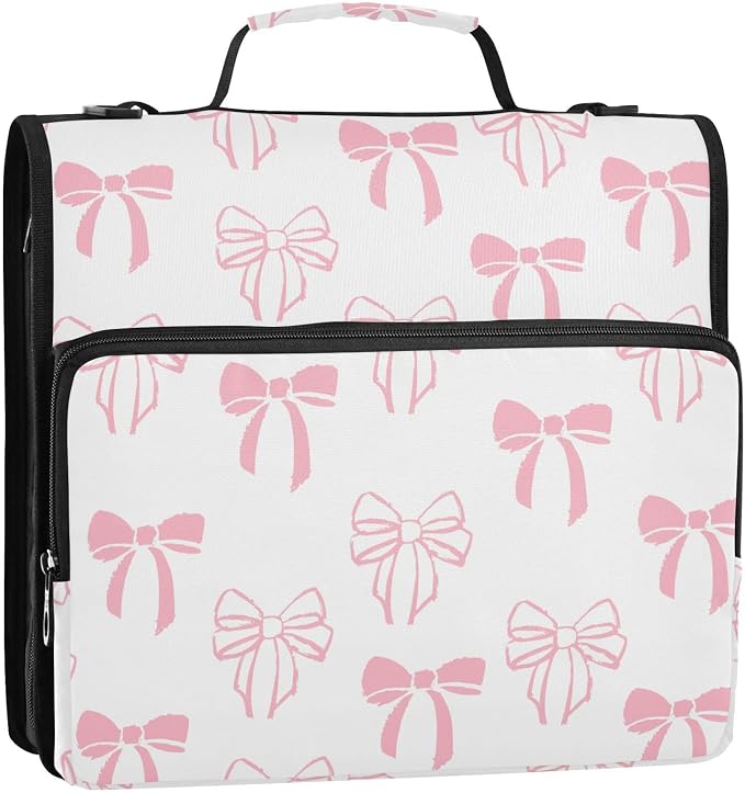 Bow Knot Pink Doodle Zipper Binder with Shoulder Strap Trapper Keeper 3 Ring Binder Organizer Large Capacity Multiple Compartments for School Office