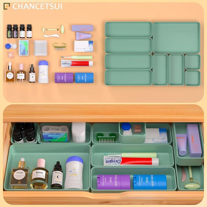 CHANCETSUI 9 Pcs Stackable Drawer Organizer Trays Set, Green, Multifunctional Storage for Vanity, Bathroom, Kitchen, Desk Drawer Organizer Office, PET Plastic | Sage Green Shallow Small Plastic Bins for Junk Organization