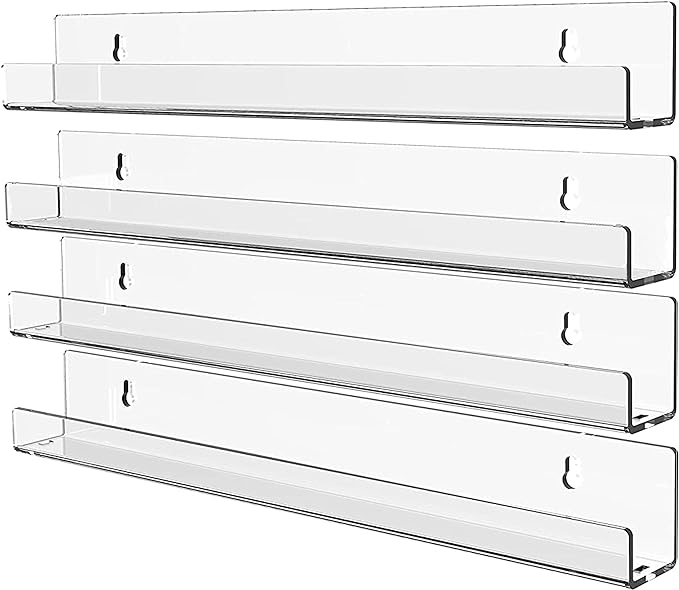 4 Pack Vinyl Record Wall Display,15" Acrylic Invisible Floating Bookshelf for Kids Room,Clear Wall Mounted Hanging Book Shelves,Modern Picture Ledge Display and Album Vinyl Wall Mount Shelf