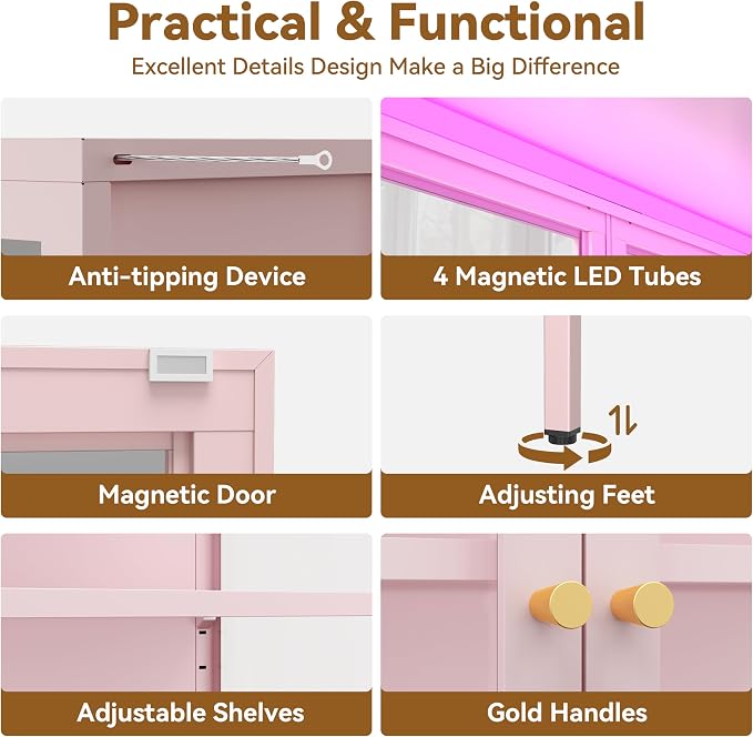 Polup 66" Pink Glass Display Cabinet with 8-Color LED for Collectibles | Metal Frame & Tempered Glass Doors, Motion Sensor LED, 4-Tier Space, 3 Adjustable Shelves, for Indoor Plants & Figures