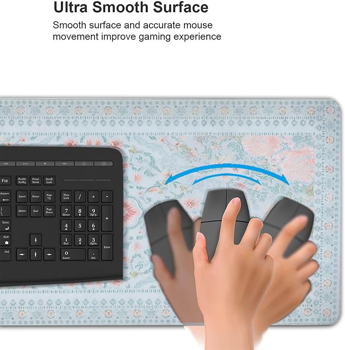 Giant Floral Desk Pad, Blue XXL Long Mouse Mat with Anti-Slip & Stitched Edge, Cute Office Decor for Women, Home Computer Workstation