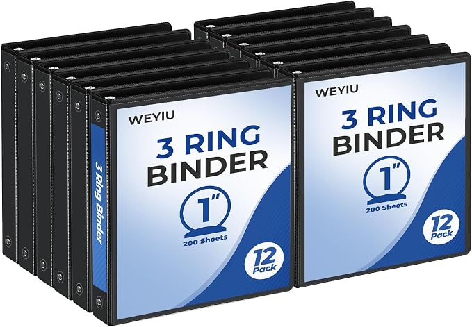 1 Inch 3 Ring Binder, Clear View Binders with 2 Interior Pockets, Round Ring Binder Holds 200 Sheets of 8.5 x 11 Inch Paper for Office and Project Organization(Black, 12 Pack)