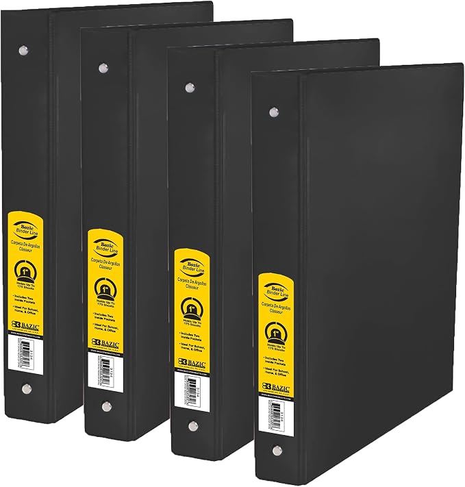 BAZIC Products 1" Black 3-Ring Binder, Round Ring, 2 Pockets, 4-Pack | round rings, 1 in Black 3-ring binder, 2 inside pockets, holds up to 175 sheets, Durable poly cover