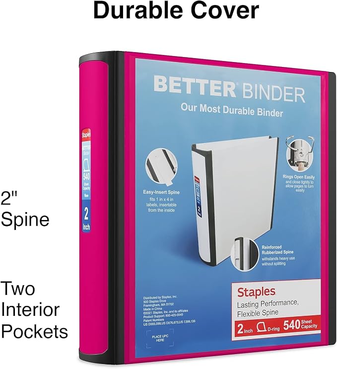 Staples Better Binder, 2-Inch D-Ring View, Pink, Holds 450 Sheets | Reinforced spine for durable everyday use in office and school settings.