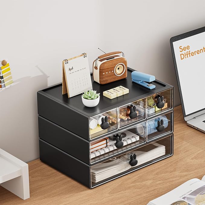 Marbrasse Desk Organizer with 6 Drawers, 3 Tier Stackable Storage Drawers Plastic Makeup Storage, Office Organizers and Storage, Desk Storage Box for Office, School, Home Black