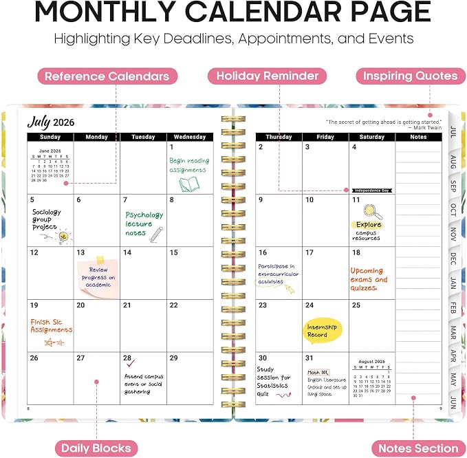 Taja Planner 2026-2027, Jul 2026-Jun 2027 Monthly & Weekly Calendar Planner | 6.3" x 8.5", Hardcover Academic Calendar, Teacher Student Agenda Book with Tabs, School Office Supplies, Bloom Floral