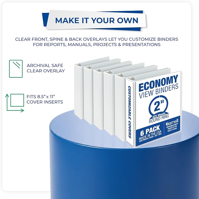 Samsill 2 Inch 3 Ring Binders, Economy Round Ring, Clear View Cover, 425 Sheet Capacity - for School, Home, Office - White, 6 Pack