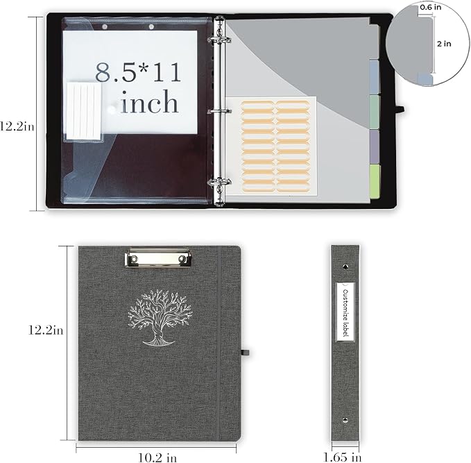 3 Ring Binder, 1 Inch Three Ring Linen Leather Binder Organizer with Clipboard for Letter Size Paper, Transparent Folder, 5-Tabs Dividers, File Folder Labels, Pen Loop, Elastic Strap (Dark Grey)