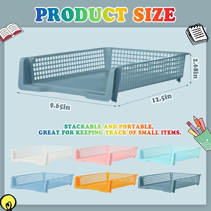 Weysat 6 Pcs Turn in Trays Classroom, Stackable Paper Tray for Classroom Organization Plastic Desk File Organizer Bin Basket for Library Drawer Teacher Office Document Storage (Pastel,Narrow)