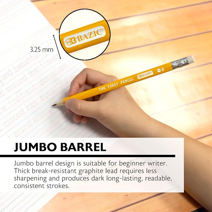 BAZIC PRODUCTS The First Jumbo #2 Yellow Pencils, Eraser, 4 Count, 2-Pack
