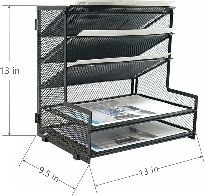 SETTFRFE 5-Tier Metal Desk File Organizer, File Tray Rack | 3 Slanted+2 Horizontal Paper File Holder for Office Supplies,Multi Layer Letter Tray,Home Office Desktop Storage Rack,Black