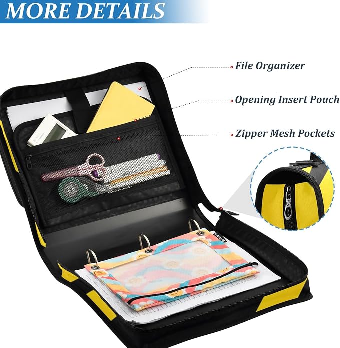 3 D-Ring Zipper Binder Bag, Black Yellow Diagonal Striped Removable Binder with Zipper Case Hold 300+ Sheets& 13 Inch Laptop for School Office Supplies Organizer