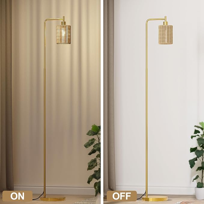 66" Gold Floor Lamp for Living Room, Boho Floor Lamp with LED Bulb, Foot Switch, Rattan Shade, Industrial Tall Farmhouse Standing Lamp for Bedroom, Dining Room, Study Room, Office