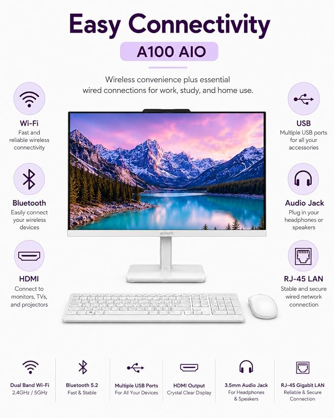 Lenovo 24" All-in-One Desktop Computer, Intel N100 Processor, 16GB RAM, 512GB SSD, FHD Display, Space-Saving Design for Home, Office &Business, Wi-Fi 6, HDMI Out, Windows 11, Wireless Keyboard & Mouse