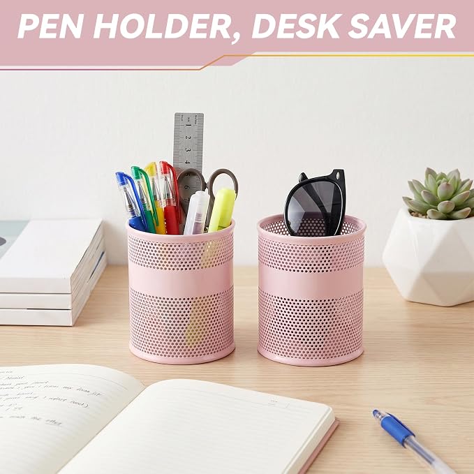 Segarty Pencil Holder, 3 Pack Pink Pen Holder, 3.3 x 3.9 inch Pencils Cups, Round Metal Pens Container Organizer for Office Supplies, School Classroom, Makeup Brush, Home Storage