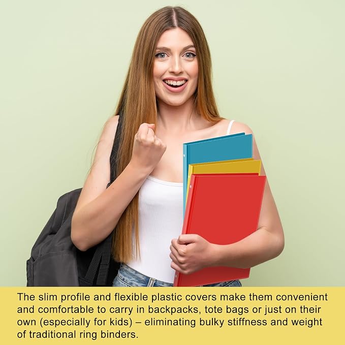 Fulmoon 48 Pack 3 Ring Plastic Binders 1/2 Inch Bulk with 2 Pockets, Flexible Binder Loose Leaf Hardcover, Fit 12" x 10" US Letter Size Paper, for School Office Home, 6 Colors(Vibrant)