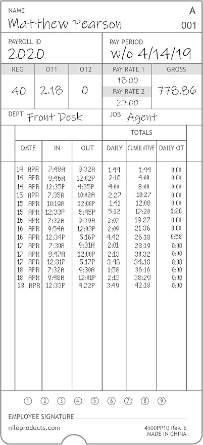 Nile Products - Authorized Time Cards for Nile Products 4500PP Compatible [ 4500PP10 ] Electronic Time Clock, Double Sided Time Sheets (3.37 x 7.37 Inches) - 100 Time Cards Per Package | Compatible Electronic Time Clock, Double Sided Time Sheets (3.37 ...