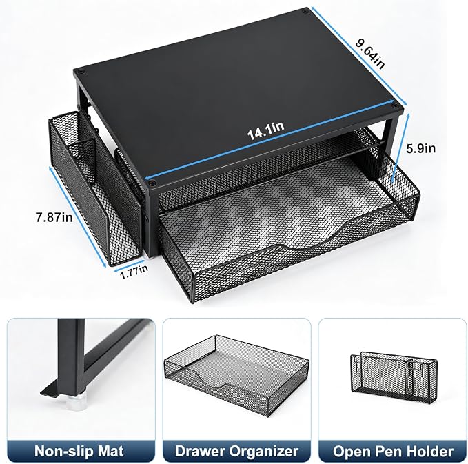 Spacrea Desk Organizer and Accessories, Computer Monitor Stand Riser with Drawer and 1 Open Pen Holder, Printer & Laptop Stand, Office Desk Accessories for Home Office Supplies (Black)
