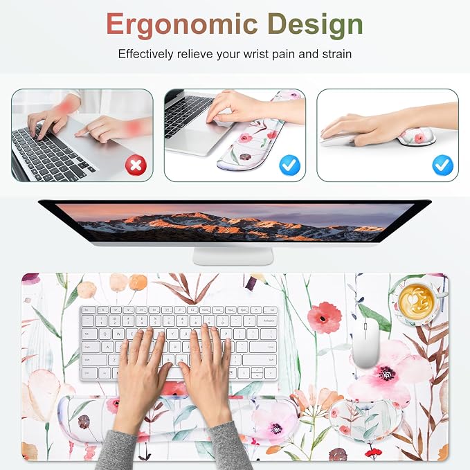 Large Gaming Mouse Pad Set, 4 in 1 Extended Keyboard Desk Mat with Wrist Rest, PC Computer Game Mousepad Set, Non-Slip Desk Pad Easy Typing Pain Relief for Home Office I Orange Flowers