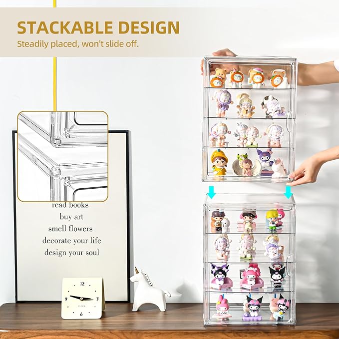 4 Tier Display Case for Collectibles,Clear Display Box with 3 Movable Plates ,Storage Container with Magnetic Door