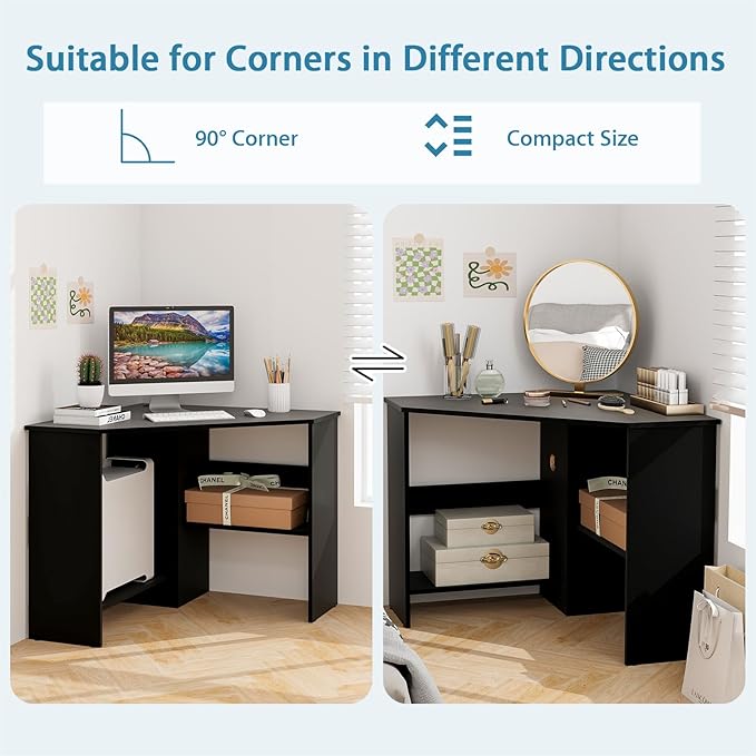 Tangkula Corner Desk, 90 Degrees Triangle Computer Desk for Small Space, Bedroom Corner Makeup Vanity Desk with Storage Shelves & CPU Stand