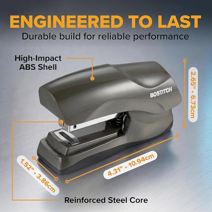 Bostitch Heavy Duty Compact Stapler, 40-Sheet Capacity, No-Jam Technology, Flat Clinch Design, Half-Strip Desktop Stapler, Gray