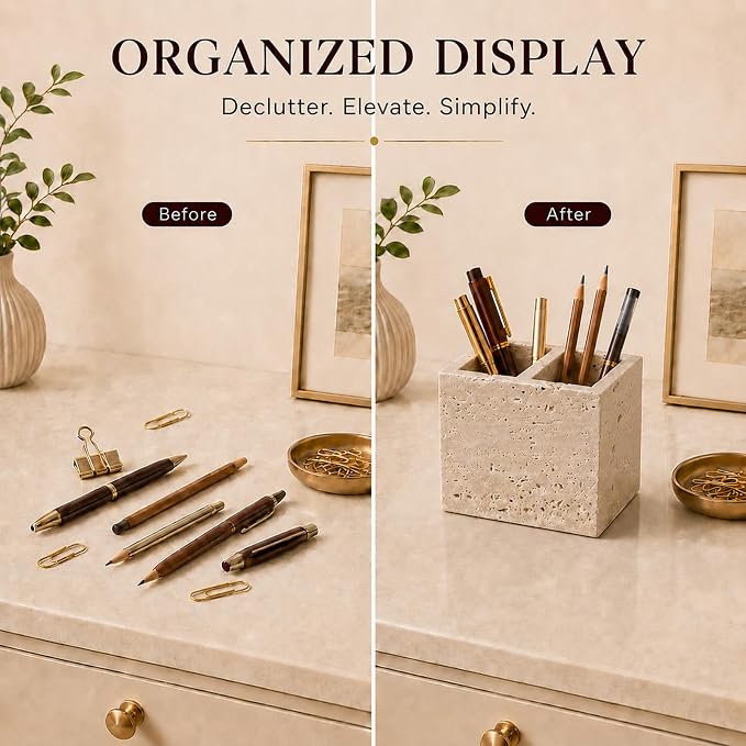 Natural Travertine Pen Holder, 2-Compartment Desk & Makeup Brush Organizer | Pen Holder for Pens, Scissors and Office Desk Decor, 3.94 x 3.94 x 3.94 in