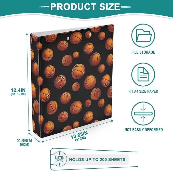 Basketball Pattern Orange Black Round Ring Binders 1.5 Inch Sports Ball Exercise 3 Ring Clipboard Binder for Office School Work Supplies File Folder Document 200 Sheet Capacity Easy Open