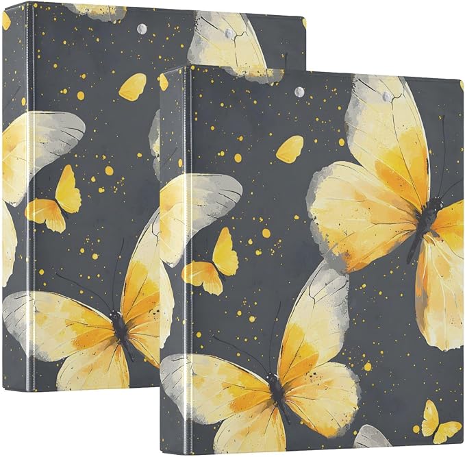 Butterfly Yellow Butterflies 3 Ring Binder with 2 Interior Pockets 1.5 inch Binders 3 Ring Heavy Duty Fit 8.5" x 11" Letter Size for Office School, 2 Pack