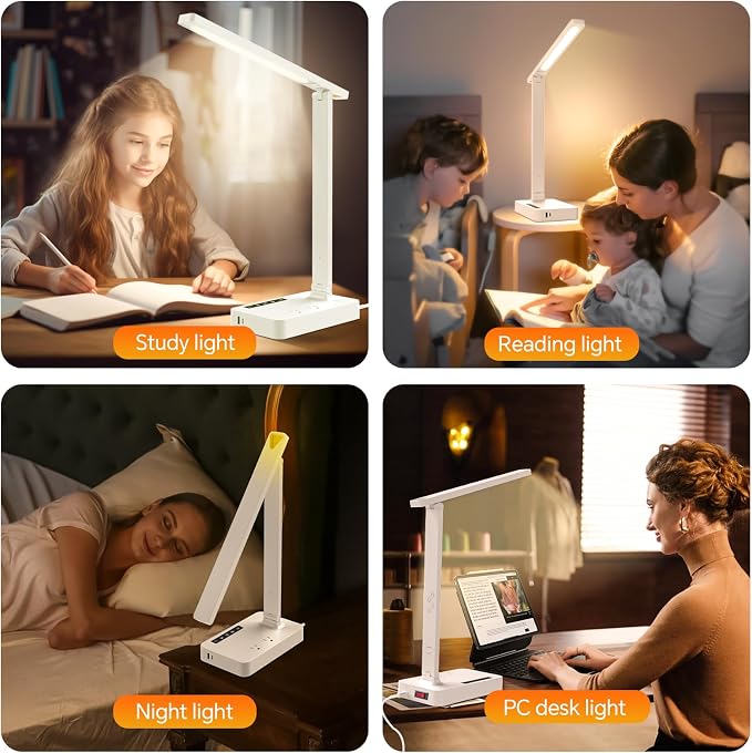 Desk Lamp with USB Charging Port: Power Strip with Surge Protection - 1 Type-C, 1 USB-A Charging Port, 2 AC Power Outlets, Desk Lamps for Home Office College Dorm Room Essentials