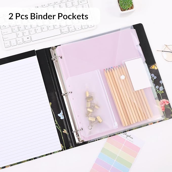 SKYDUE 1 Inch 3-Ring Binder with Clipboard, PU Aesthetic Binder with 5 Dividers, Notepad, Stickers & Pockets for Work and School (Letter Size)