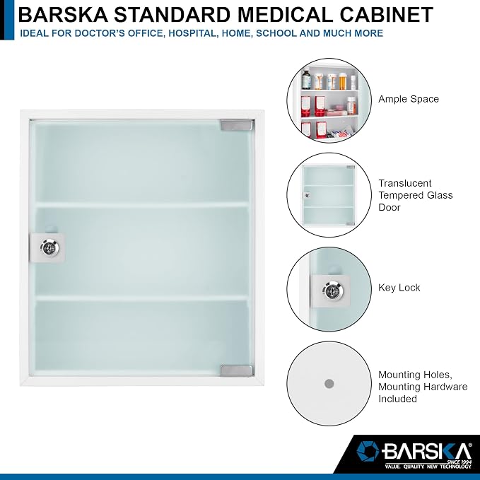Barska Wall Mount Medical Security Cabinet with Key Lock – Standard Size, Includes Magnetic Erase Pad for Medications, First Aid, or Supplies - Medicine Cabinet Organizer - Medicine Storage Glass