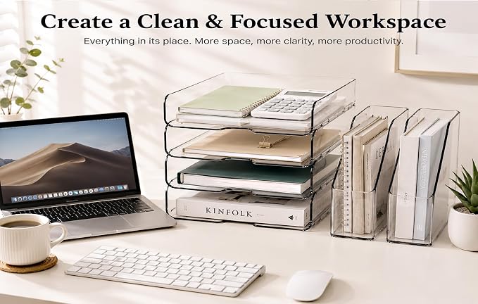 DCA 4 Tier Clear Desk Organizer, Letter Tray with 2 Magazine Holders | Stackable Desktop File Storage | Documents, Books & Supplies | Office & Home | Large Capacity